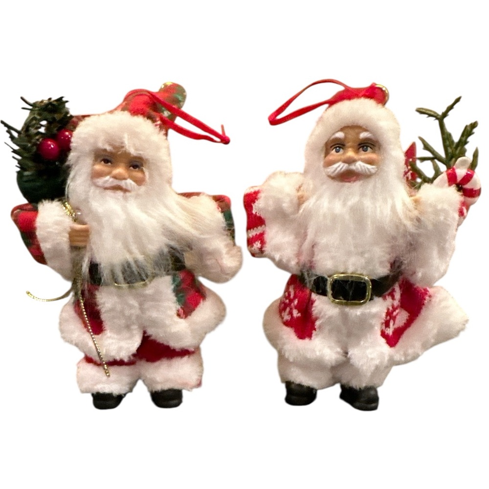 2 Festive Santa Claus Ornaments Over 7 inches tall with lots of great details